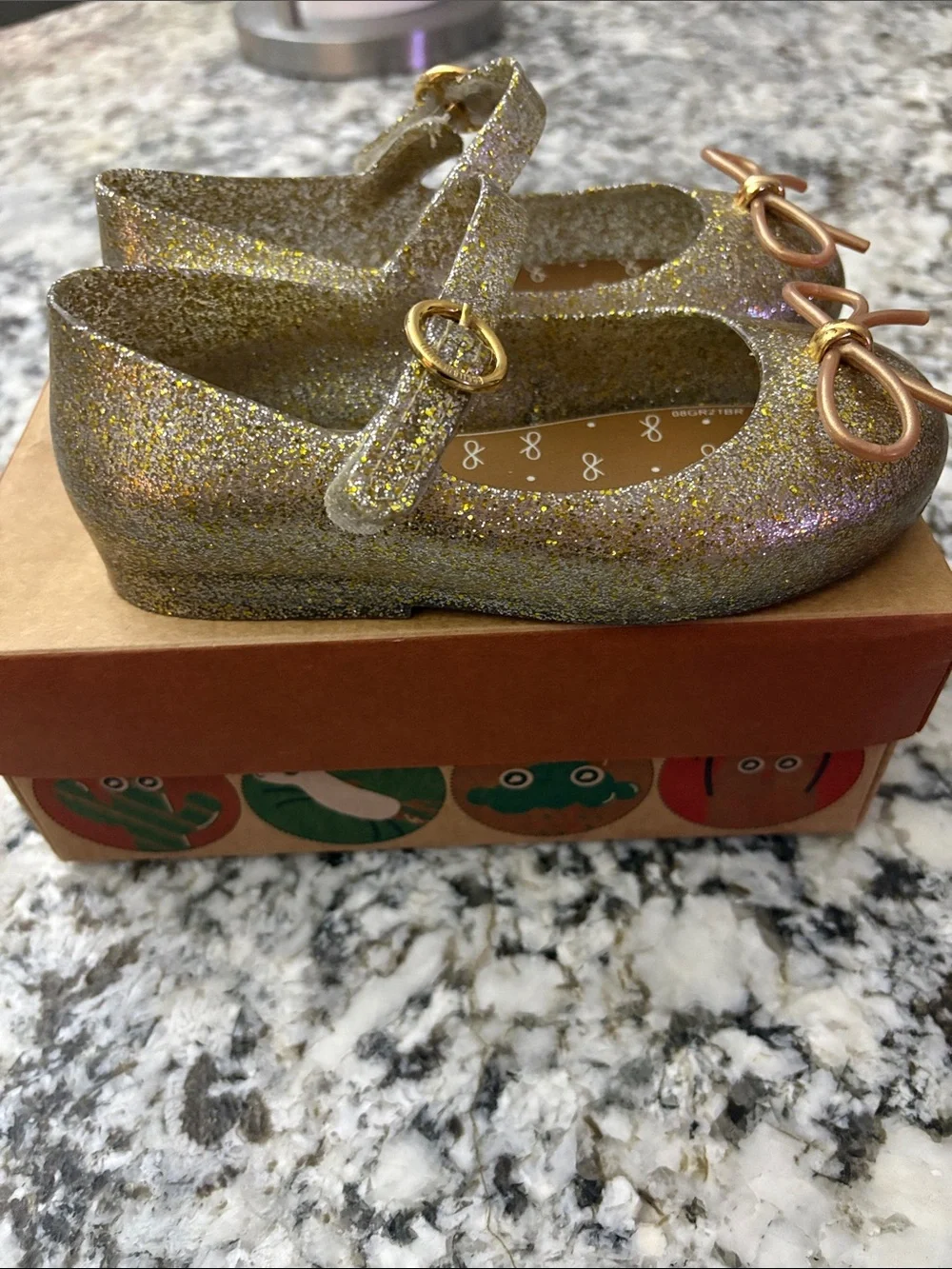 Melissa Kids Gold Glitter Mary Janes with Metallic Bow